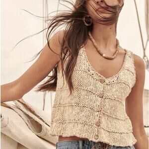Promesa Neutral Crochet Cropped Tank Top Size M Button Up Stripe Beach Boho